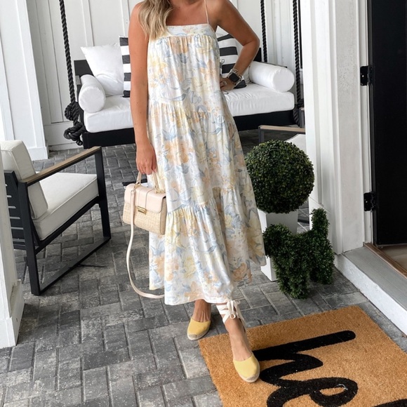 Abercrombie & Fitch Asymmetrical Tiered Maxi Dress Floral Linen Yellow Casual M - Picture 11 of 13